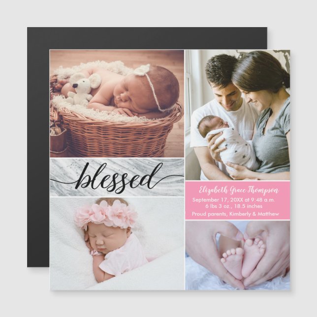 Custom Marble Pink Blessed Photo collage Baby Girl Magnetic Invitation (Front/Back)