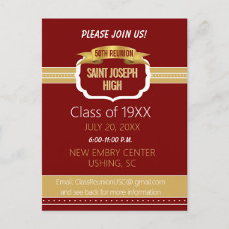 Custom Maroon 50th Class Reunion Invite Postcard
