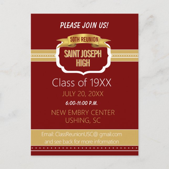 Custom Maroon 50th Class Reunion Invite Postcard (Front)