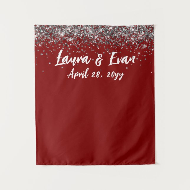 Custom Maroon and Silver Wedding Photo Booth Prop Tapestry (Front)