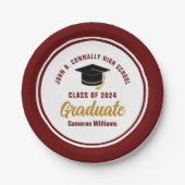Custom Maroon Gold Graduate 2024 Graduation Party Paper Plate (Front)