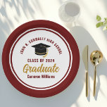 Custom Maroon Gold Graduate 2024 Graduation Party Paper Plate<br><div class="desc">These modern maroon and gold custom graduation party plates feature classy typography of your university or college name for the class of 2024. Customize with your graduating year next to the chic handwritten script and black grad cap for great personalized congratulations graduate party decor.</div>