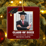 Custom Maroon Graduation Senior Photo 2024 Ceramic Ornament<br><div class="desc">This custom maroon red senior graduate Christmas ornament features your graduation photograph underneath a black grad cap. Personalise with your class year,  school,  and name for a great gift for a graduating student.</div>