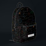 Custom Mathematics Equation Math Formulas School Printed Backpack<br><div class="desc">A colourful personalised mathematics equations and formulas pattern on a black background. An ideal backpack design for math teachers, mathematic enthusiasts, scientists, math students, mathematics tutors, arithmetic and great for back to school. A modern math pattern for back to school students and teachers etc. Customise the name and make it...</div>