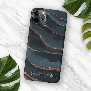 Custom Mauve Rose Gold Dark Blue Marble Pattern iPhone 16 Pro Max Case