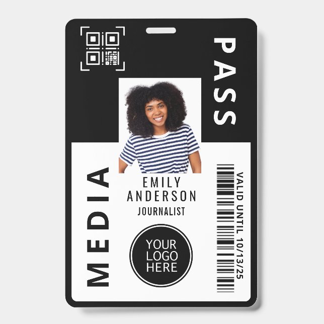 Custom Media Pass Photo ID Logo QR Code | Black Badge (Front)