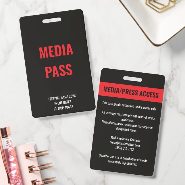 Custom Media Press Access Concert Festival Red ID Badge (Office)