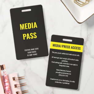 Custom Media Press Access Concert Festival Yellow ID Badge
