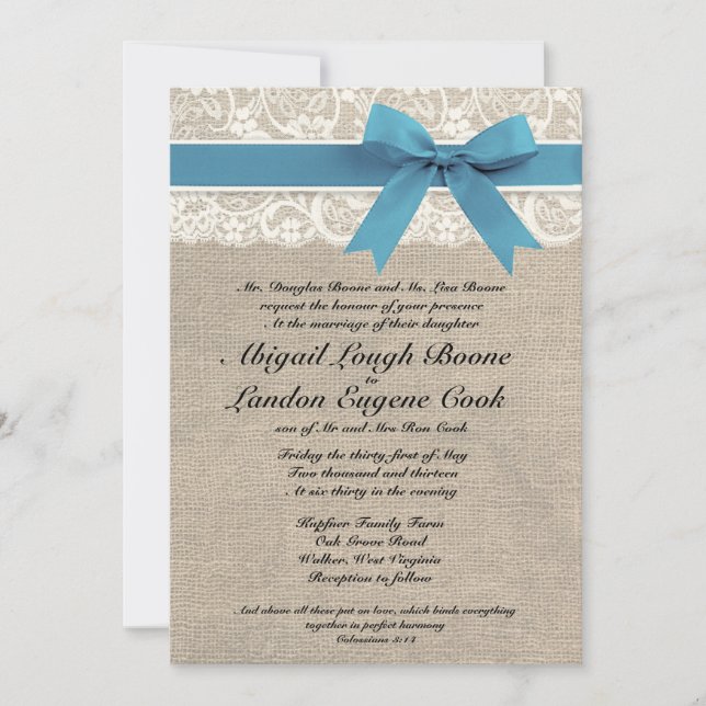 Custom Mediterranean Lace & Burlap Wedding Invite (Front)