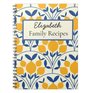 Custom Mediterranean Lemons on Blue scallop Recipe Notebook