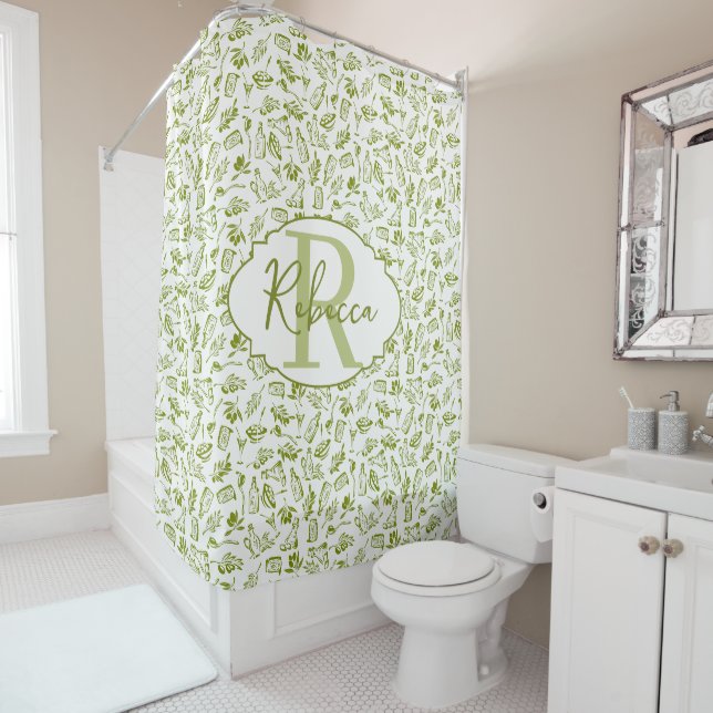 Custom Mediterranean Olive Green Monogram Elegant  Shower Curtain (In Situ)