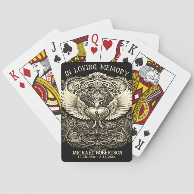 Custom Memorial Angel Wings Heart Mongram Playing Cards (Back)
