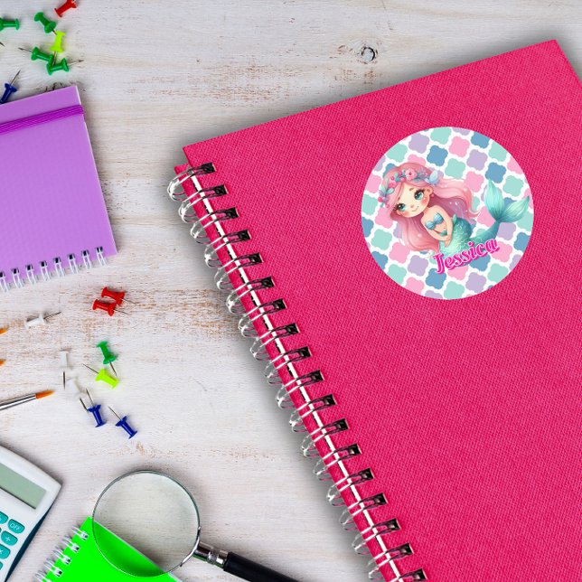 Custom Mermaid pink pattern  Classic Round Sticker (Creator Uploaded)
