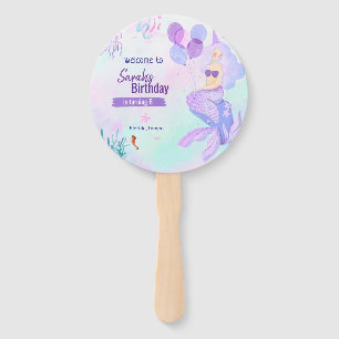 custom mermaid theme birthday girl purple hand fan