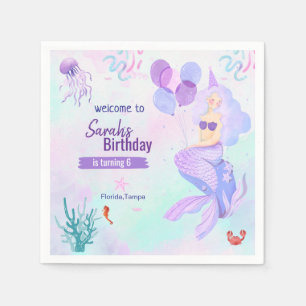 custom mermaid theme birthday girl purple  napkin