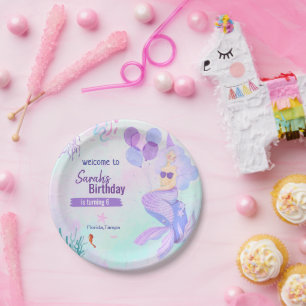 custom mermaid theme birthday girl purple paper plate