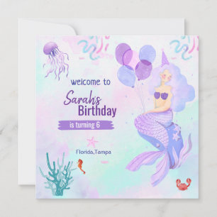 custom mermaid theme birthday girl purple save the date