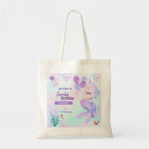 custom mermaid theme birthday girl purple tote bag