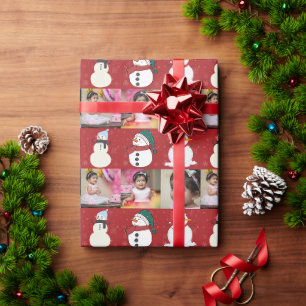 Custom Merry Christmas 2 Photo Snowman Wrapping Paper
