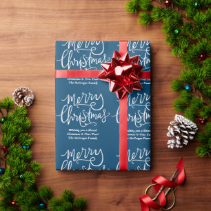 Custom Merry Christmas Blue & White Family Name Wrapping Paper