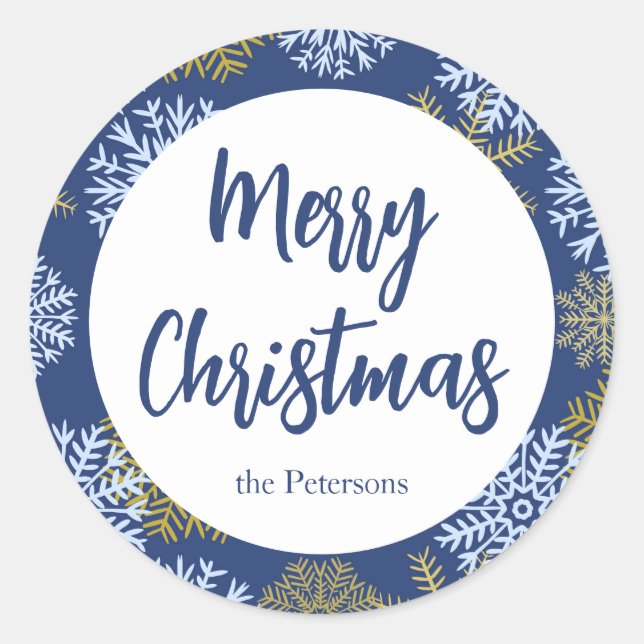 Custom Merry Christmas Blue Winter Snowflakes Classic Round Sticker (Front)