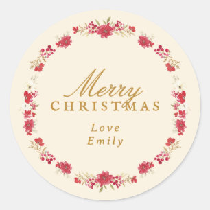 custom merry christmas botanical wreath holiday classic round sticker