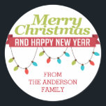 Custom Merry Christmas Bright Lights Sticker<br><div class="desc">Cute modern Merry Christmas & Happy New Year Ornament Sticker with trendy typography framed with bright & colourful christmas lights.</div>