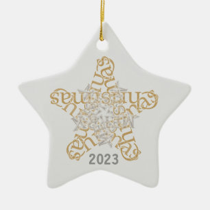 Custom Merry Christmas Calligraphy Star Ceramic Tree Decoration