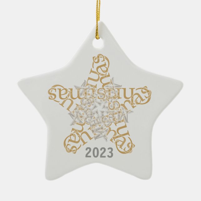 Custom Merry Christmas Calligraphy Star Ceramic Tree Decoration (Front)