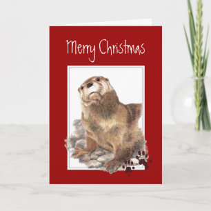 Custom Merry Christmas, Cute Otter Animal Holiday Card