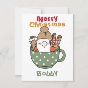 Custom Merry Christmas Funny Santa in a mug green Card