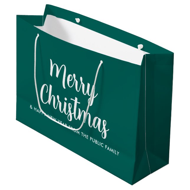 Custom Merry Christmas Happy New Year Green White Large Gift Bag (Front Angled)