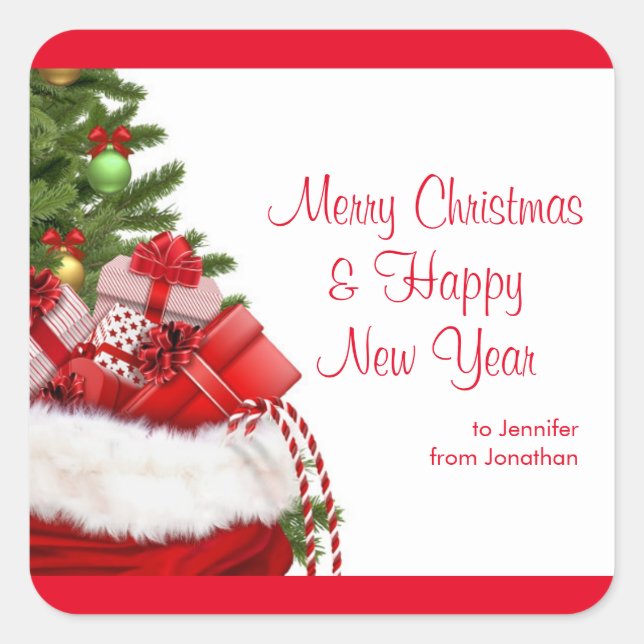 Custom Merry Christmas Happy New Year Text Names Square Sticker (Front)
