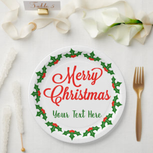 Custom Merry Christmas Holly Berry   Paper Plate