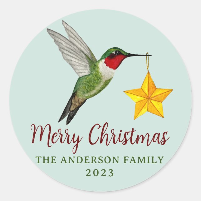 Custom Merry Christmas Hummingbird and Star Classic Round Sticker (Front)