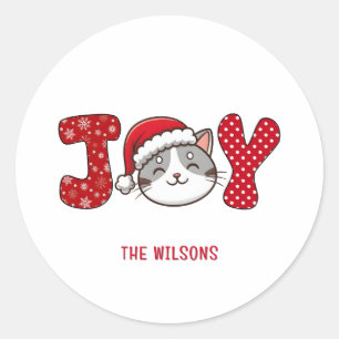 Custom Merry Christmas Kitty Cat " JOY " Classic Round Sticker