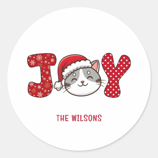 Custom Merry Christmas Kitty Cat " JOY "  Classic Round Sticker (Front)