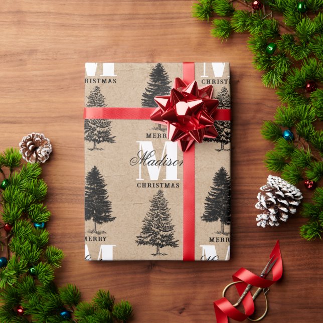 Custom Merry Christmas Kraft Vintage Monogram   Wrapping Paper (Holiday Gift)