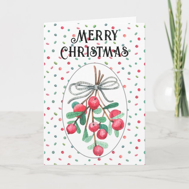 Custom Merry Christmas Mistletoe & Red Berries Holiday Card (Front)
