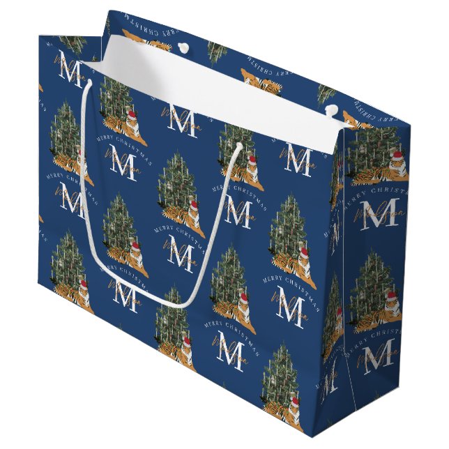 Custom Merry Christmas Monogram Tiger & Tree Blue Large Gift Bag (Front Angled)