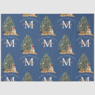 Custom Merry Christmas Monogram Tiger & Tree Blue Tissue Paper