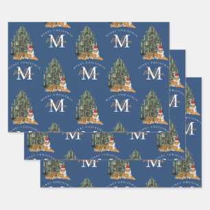 Custom Merry Christmas Monogram Tiger & Tree Blue Wrapping Paper Sheet