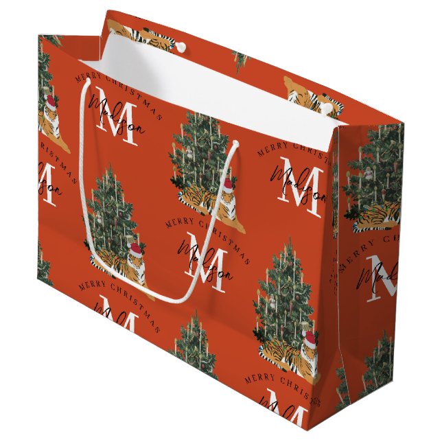 Custom Merry Christmas Monogram Tiger & Tree Red Large Gift Bag (Front Angled)