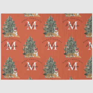 Custom Merry Christmas Monogram Tiger & Tree Red Tissue Paper