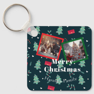 Custom Merry Christmas Photo Greenery Simple Key Ring