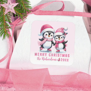 Custom Merry Christmas Pink Ice Skating Penguins Square Sticker