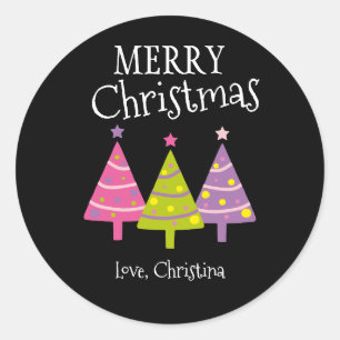 Custom Merry Christmas Pink Trees Classic Round Sticker