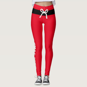 Custom Merry Christmas Red Black Belt Cream Bow Leggings