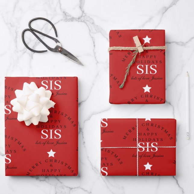 Custom Merry Christmas Red Monogram Sister Wrapping Paper Sheet (Front)