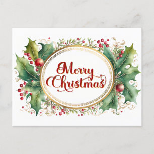 Custom Merry Christmas Script in Gold Floral Frame Holiday Postcard